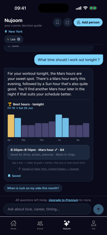 Nujoom recommending workout timing by planetary hour